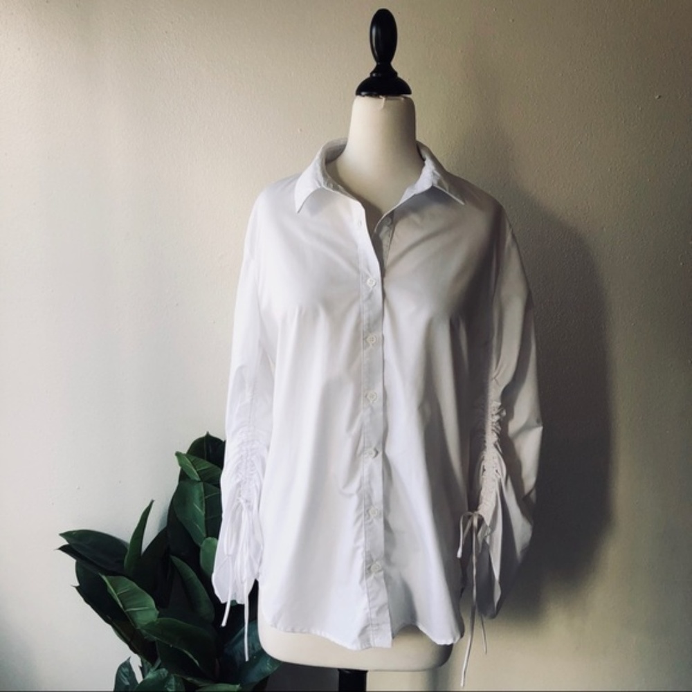 1 LEFT! Boyfriend White Button Up with Tie Sleeves - Picture 2 of 5